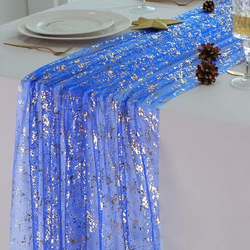 Royal Blue Gold Table Runner Glitter Decorations Sheer Gauze 10 Ft - color: Blue Gold, size: 10FT/1Pc