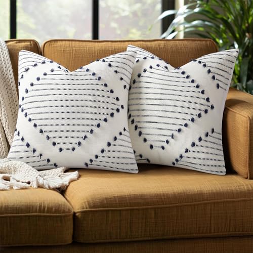 Mecatny Boho Outdoor Throw Pillow Covers 18x18 Set of 2 Navy & Cream White - color: Navy Blue, size: 18" x 18" (Pack of 2)