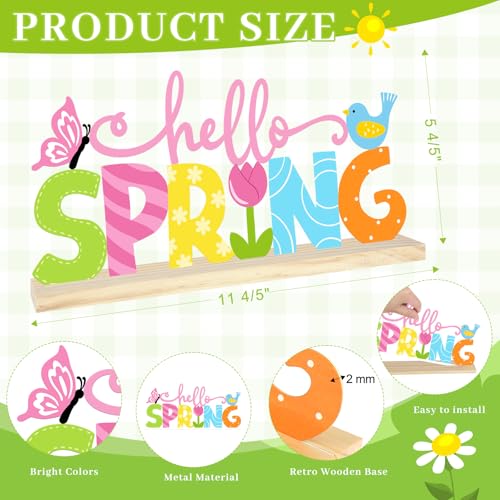 Metal Hello Spring Table Sign, Hello Spring Tabletop Decoration with Wood Base, Springs Table Centerpiece Decor for Home, Office, Shelf, Indoor, Mantel Party Supplies - color: Hello.Spring