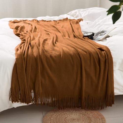 Homiest Camel Brown Knitted Throw Blanket with Fringe, 50x60 Inch - color: Brown, size: 50" x 60"