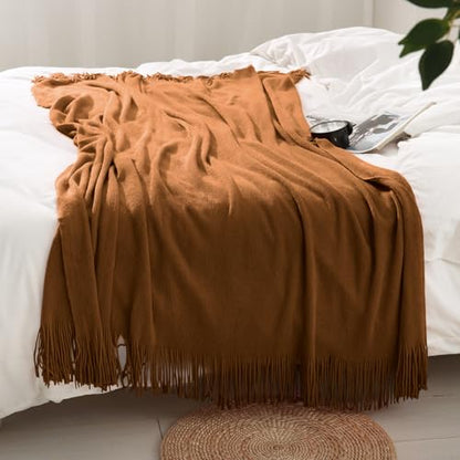 Homiest Camel Brown Knitted Throw Blanket with Fringe, 50x60 Inch - color: Brown, size: 50" x 60"