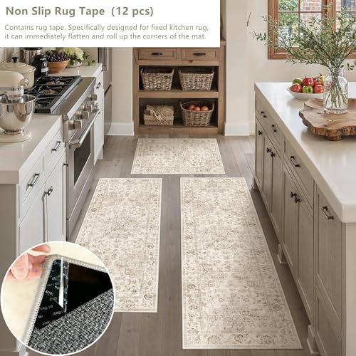 Washable Neutral Beige Kitchen Runner Rug Set of 3 - color: Neutral | Beige, size: 20"x32"+20"x48"+20"x59"
