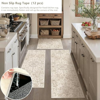Washable Neutral Beige Kitchen Runner Rug Set of 3 - color: Neutral | Beige, size: 20"x32"+20"x48"+20"x59"