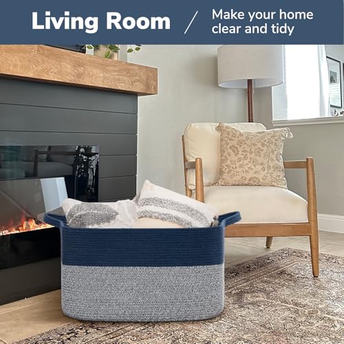 Goodpick 75L Extra Large Woven Blanket Basket, 22" x 17" x 12", Blue - color: Blue, size: 22"L x 17"W x 12"H
