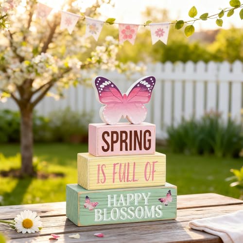 Spring Decoration Wooden Tiered Tray Decor – Butterfly Spring Stacked Block Sign with Floral Accents – Farmhouse Tabletop Spring Decor for Shelf Mantel Seasonal Home Display - style: Butterfly
