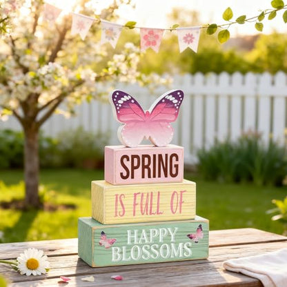 Spring Decoration Wooden Tiered Tray Decor – Butterfly Spring Stacked Block Sign with Floral Accents – Farmhouse Tabletop Spring Decor for Shelf Mantel Seasonal Home Display - style: Butterfly