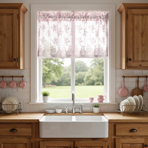Kotile Pink Lace Valance for Windows Rustic Floral W52xL18 Inch 1 Panel - color: Pink