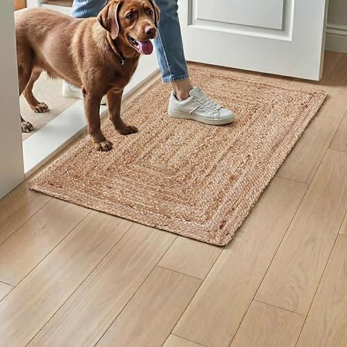 Hausattire Jute Braided Woven Kitchen Rug 2x3 Feet - Natural - color: Natural, size: 2'x3'