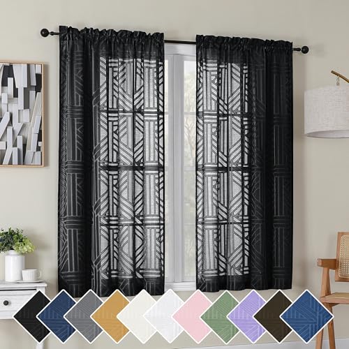 Simplebrand Black Semi Sheer Curtains 54 Inch Length 2 Panels, Geometric Jacquard Clip Textured Short Sheer Curtains for Bedroom，Modern Elegant Window Curtains Drapes/Treatment Sheer，42x54 inch - color: Black, size: 42"W x 54"L (Pack of 2)