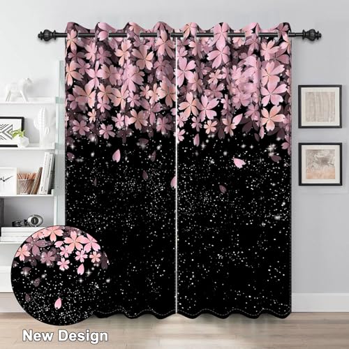 Pink Cherry Blossom Blackout Curtains for Bedroom 2 Panels 45" L x 29" W - color: Black & Pink, size: 29"W x 45"L (Pack of 2)