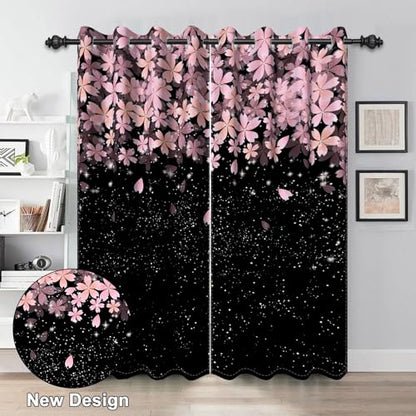 Pink Cherry Blossom Blackout Curtains for Bedroom 2 Panels 45" L x 29" W - color: Black & Pink, size: 29"W x 45"L (Pack of 2)