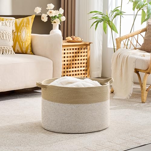 KAKAMAY Large Blanket Basket with Handles, Storage Basket for Living Room - color: Brown Mix