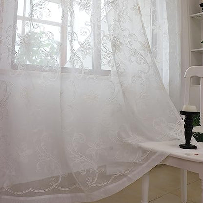 SLOW SOUL Set of 2 Panels White Lotus Floral Sheer Curtains Modern Semi Sheer Embroidered Curtains & Drapes for Bedroom Living Room Rod Pocket 54W X 96L inch