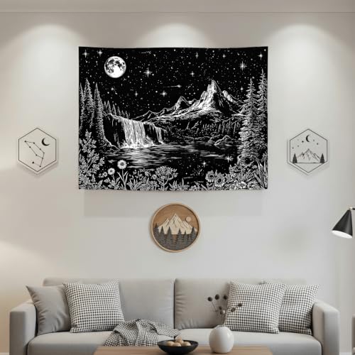 Accnicc Black and White Forest Mountain Tapestry 48x36 Inch - color: Black and White Waterfall, size: 48"L x 36"W