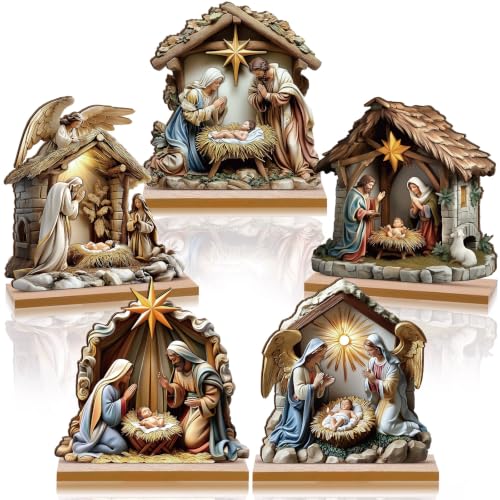 RattanView 5 Pcs Christmas Table Decorations Wooden Christian Religious Decoration Nativity Scene Centerpiece Holy Night Tiered Tray Decor Nativity Scene Christmas Block Signs for Home Kitchen Shelf - style: Nativity Scene