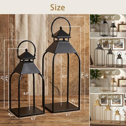 16" 12" Farmhouse Metal Lanterns, Arched Handle Candle Holder for Fireplace