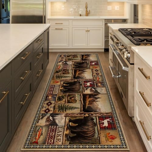 Vintage Rustic Bear Runner Rug for Hallway, Rustic Lodge Kitchen Runner 2x6 Non-Slip Cabin Decor Farmhouse Carpet for Hallways Kitchen Laundry Bedroom Bathroom Machine Washable Rugs Runners - color: Rustic Bear, size: 2' x 6'