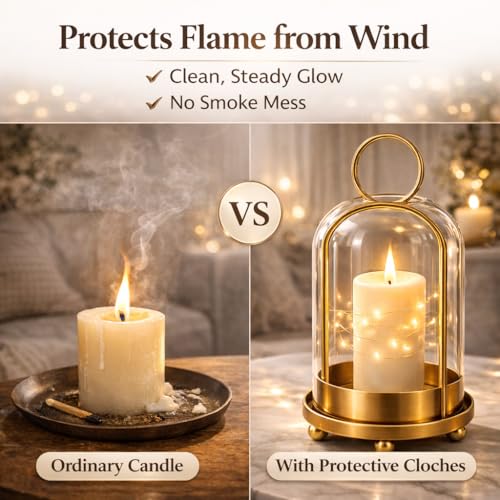 Glass Candle Lantern Brass Hurricane Candle Holders Set for Pillar Candles, Tabletop & Hanging Decor for Living Room, Dining Table, Patio & Events
