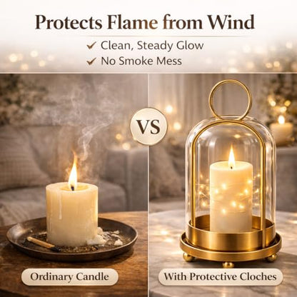 Glass Candle Lantern Brass Hurricane Candle Holders Set for Pillar Candles, Tabletop & Hanging Decor for Living Room, Dining Table, Patio & Events