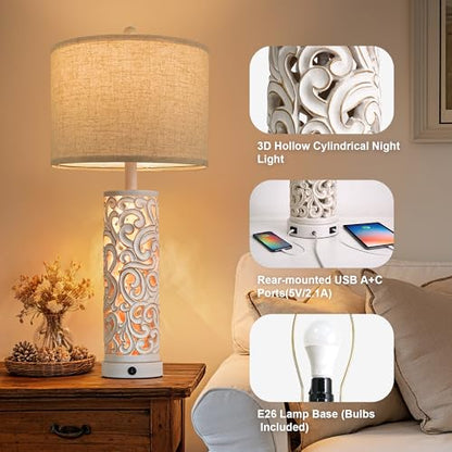 OYEARS 2-in-1 Light Table Lamp Set of 2 for Living Room, 28.5" Farmhouse Bedside Lamps with USB Charging Port, Main&Night Light & Dual Switches, Nightstand Lamp for Bedroom Home Office(Bulb Included) - color: Matte White
