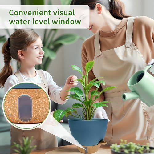 12/10/9/8 inch Self Watering Pots with Visual Water Window, Extra Large Self Watering Plant Pot with Drainage Holes and Saucers, Blue Flower Pots for Indoor Plants - color: Blue