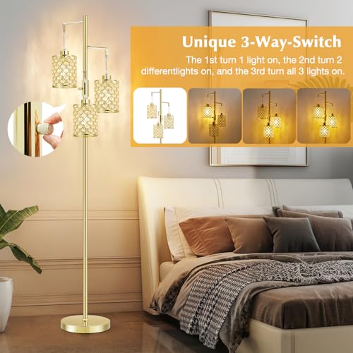 GyroVu Morden Gold Crystal Floor Lamps for Living Room, 3-Light Standing Tall Lamp with Elegant K9 Crystal Shade & Rotary Switch, Modern Corner Floor Lamp for, Bedroom, Home Office, Reading - color: Gold-3 Lights
