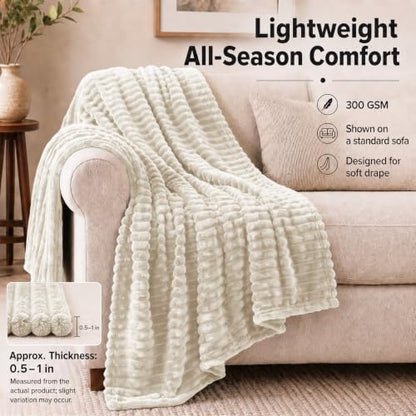 HIMEET Beige Full Size Blanket for Bed, 300GSM Ribbed Fleece, 84 x 90 in - color: Beige, size: Full (84" x 90")