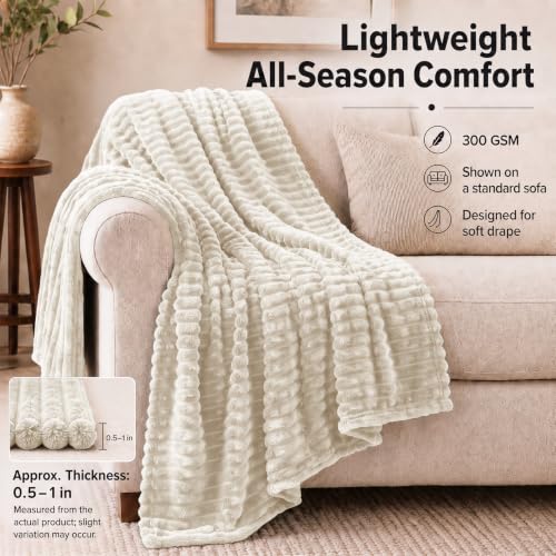 HIMEET Beige King Size Blanket for Bed, 300GSM Ribbed Fleece, 108 x 90 in - color: Beige, size: King (108" x 90")