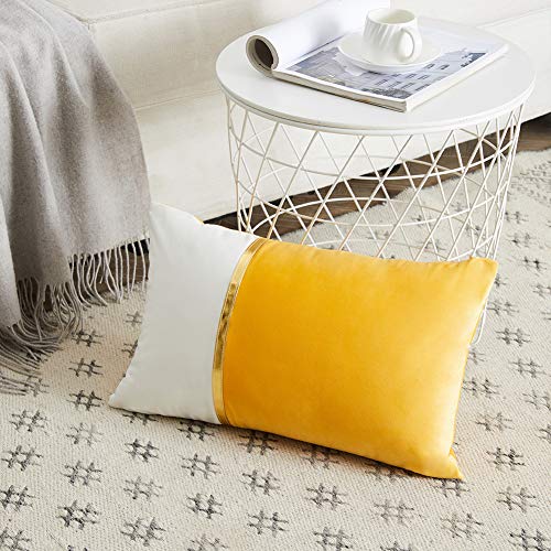 Fancy Homi 2 Packs Decorative Throw Pillow Covers 12x20 Inch for Living Room Couch Bed, Yellow and White Velvet Patchwork with Gold Leather, Luxury Modern Home Decor, Lumbar Cushion Case 30x50 cm - color: Yellow, size: 20" x 12" (Pack of 2)