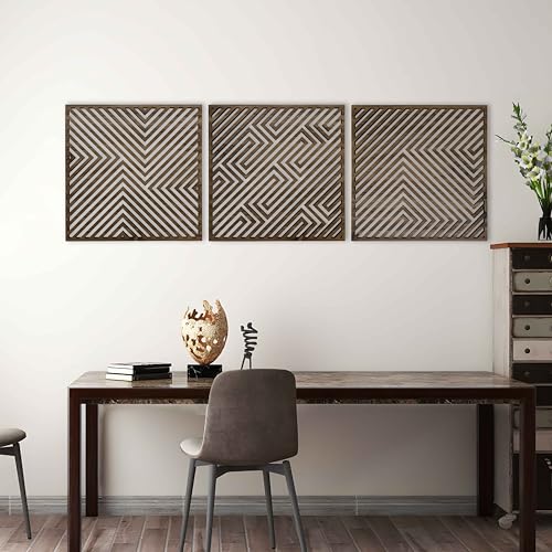 Abstract Wooden Wall Art Modern, Geometric Wood Wall Decor Living Room, Set of 3 Large Wood Wall Art, Aesthetic 3D Illusion Wood Wall Panels