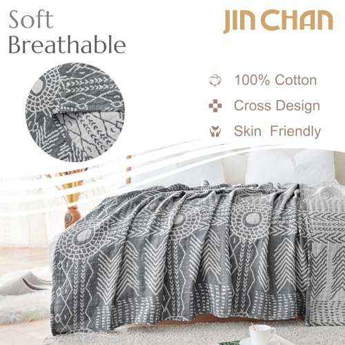jinchan 100% Cotton Muslin Blanket Twin Boho Throw Blanket 60x80 Gray - color: A. Boho Grey, size: 60"x80"