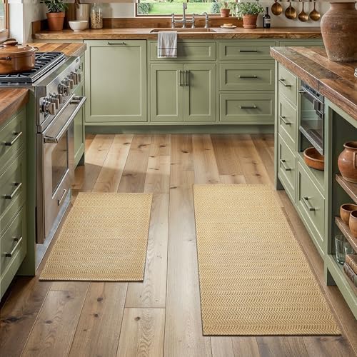 MatEssenz Kitchen Rugs Set of 2, 20" x 30" + 20" x 48" Non Slip Washable Kitchen Mats for Floor, Absorbent Low Profile Sink Runner, Durable Herringbone Woven Farmhouse Rug, Khaki - color: Khaki, size: 20"x30"+20"x48"