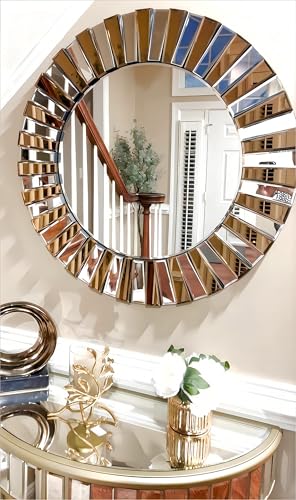 Decorative Round Mirror Sunburst: Silver-Brown Crystal Edge 23.6 in - size: 23.6"L x 23.6"W