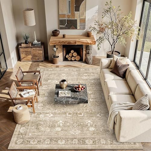 9x12 Washable Living Room Area Rug Non-Slip Retro Khaki Large Carpet - color: Accent | Beige Khaki, size: 9' x 12' (Rectangular)