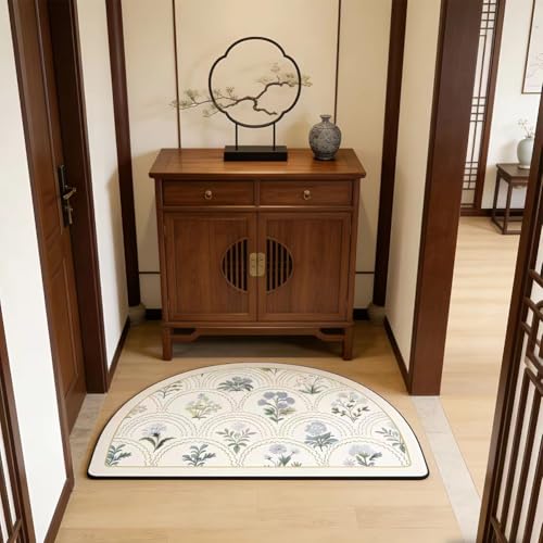 Vintage Floral Bathroom Rug Mat, 16"x24" Non-Slip Absorbent Bath Rug, Quick Dry Washable Entryway Rug, Retro Botanical Pattern Floor Mat for Bathroom, Kitchen, Bedroom (Green, Half Circle) - color: Half Circle,green, size: 24" x 16"