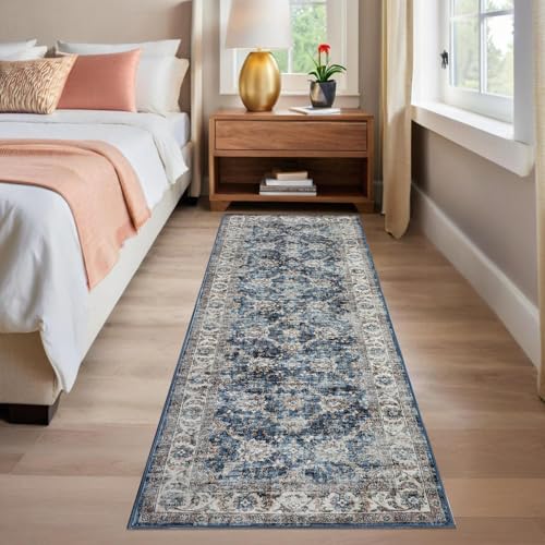 GarveeHome Washable Runner Rug 2x6 Vintage Carpet Runner with Non Slip Backing Foldable Non Shedding Retro Accent Rug Low Pile Distressed Throw Rug for Hallway Office Bedroom, Blue - color: Blue, size: 2' x 6' (Runner)