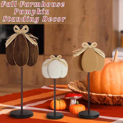 Thyle 3 Pcs Fall Pumpkin Decor, Wooden, Khaki,Grey,White - color: Khaki,grey,white