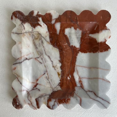 Vintage Natural Marble Tray Small Ornaments Scalloped Tray Handmade Storage Dish for Counter, Vanity, Dresser, Nightstand and Desk (Calacatta Red) - color: Calacatta Red