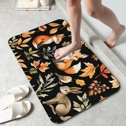 Retro Fox Bathroom Rug 29.5"x17",Leaves Quick-Drying Super Absorbent Diatomite Bath Mat with Non-Slip Backing, Thin Washable Bathroom Floor Mat Fits Under Door for Shower, Sink, or Tub - color: Retro Fox Leaves