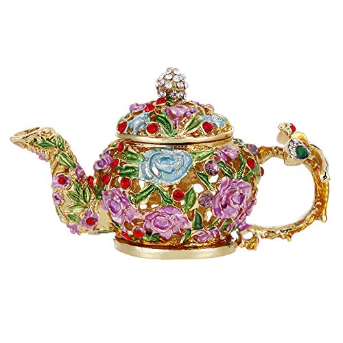Hand Painted Trinket Box for Home Decor, Hinged Enameled Jewelry Box for Ring Earrings Jewelry Organizer, Unique Vintage Bejeweled Storage Figurine Collectible Keepsake (Teapot)