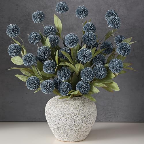 6 Pcs 27"Artificial Pompon Mum Silk Flower Stems for Vase (Dark Blue) - color: Dark Blue