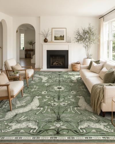 Lahome 9x12 Washable Area Rug for Living Room, Woodland Deer Boho Animal Rug, Vintage Botanical Green Non-Slip Low Pile Large Carpet for Bedroom Dining Room Nursery Farmhouse Decor - color: Green, size: 9' x 12' (Rectangular)