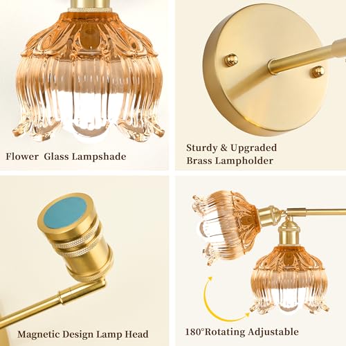 Battery Operated Wall Sconces Set of 2, Amber Tulip Glass Wall Lights | Rechargeable flower wall lamps with remote control, 15 colors, 10-level dimming and timer for bedroom and living room - color: Amber