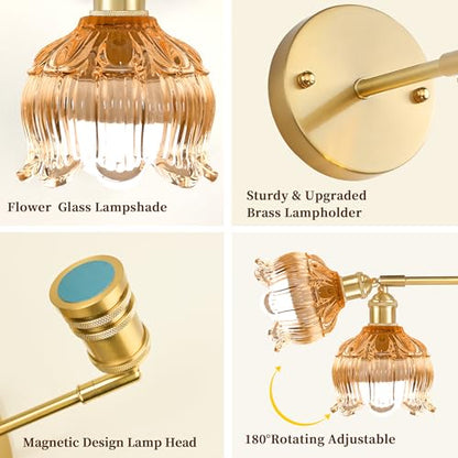 Battery Operated Wall Sconces Set of 2, Amber Tulip Glass Wall Lights | Rechargeable flower wall lamps with remote control, 15 colors, 10-level dimming and timer for bedroom and living room - color: Amber