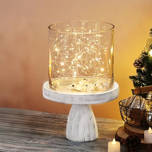 9" Wide Farmhouse Glass Hurricane Candle Holder & Glass Vase with Distressed White Sturdy Solid Wooden Base for Pillar & Flower Arrangement, Terrarium, Centerpiece, Console Table, Dining Table, Mantel - color: Rustic White, size: 9"x13.5"