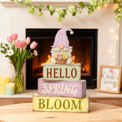 Spring Decoration Wooden Tiered Tray Decor – Rustic Hello Spring Bloom Gnome Stacked Block Sign with Flower Basket Topper – Farmhouse Tabletop Spring Decor for Living Room Shelf Kitchen Coffee Bar Seasonal Home Display - style: Gnome