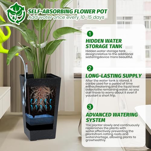 Garvee 22" Self-Watering Tall Planter with Water Level Indicator, Set of 2 - color: Black