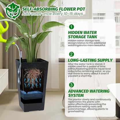 Garvee 22" Self-Watering Tall Planter with Water Level Indicator, Set of 2 - color: Black