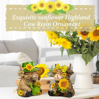 2 Pcs Resin Highland Cow Figurine Decor, Brigh Sunflower Style - style: Bright Sunflower