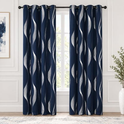 Deconovo Curtains for Living Room, Pattern Blackout Curtains 84 Inches Long - color: Silver Wave-navy Blue, size: 66"W x 84"L (Pack of 2)